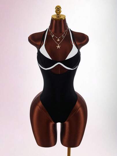 Amplova Women's Contrast Color One-Piece Swimsuit, Sexy And Fashionable Beachwear Summer Vacation
