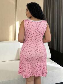 Dazy Plus Sweet Floral Lace Patchwork Sleeveless Waist Cinched Short Dress/Nightgown, Summer Outfit, Plus Size Women Loungewear - Pink - View 5