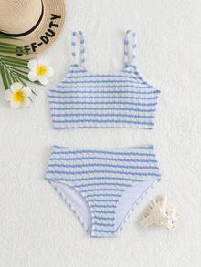 SHEIN Bộ bikini cho bé gái tuổi teen, áo tankini hai dây màu xanh trắng sọc gân nổi, có nếp nhăn, cùng quần tam giác có dây điều chỉnh, thích hợp cho kỳ nghỉ hè, đi biển, hồ bơi và các bữa tiệc. - Màu xanh lam - Xem 1