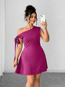 Elenzga Đầm cỡ lớn màu trơn cổ xoắn bất đối xứng thanh lịch - Màu tím - Xem 4