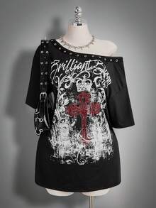 SHEIN ICON Robe T-shirt ample à épaule asymétrique et motif punk pour femmes grandes tailles - Noir - Voir 2
