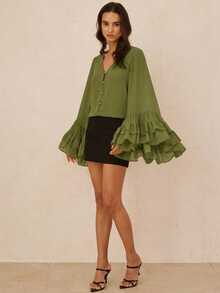 BELROSIE French Fashion Vacation Minimalist Generous Old Money Versatile Loose V-Neck Gold Button Ruffle Hem Long Sleeve Top - Green - View 4