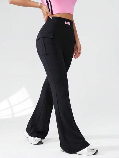 SHEIN Tall CURVE Quần ống loe màu trơn dành cho nữ cỡ lớn, có túi, thích hợp cho mùa hè, trang phục tốt nghiệp đại học.