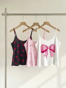 SweetSlumber Women's Sweet Cute Bow Strawberry Striped Print 3 PiecesCamisole Pajama Set - Multicolor - View 4