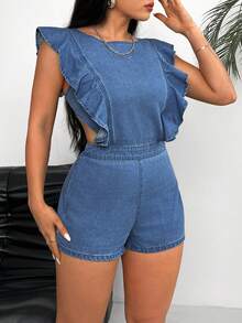 Rivivi Plus Size Ruffled Backless Denim Romper - Blue - View 4