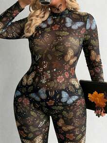 Bộ jumpsuit lưới in họa tiết phong cách Gothic Punk cổ tròn mới, dành cho nữ cỡ lớn của Whyspr-D, thích hợp mặc hàng ngày, đi làm, dự lễ Tạ ơn, các dịp lễ, tiệc sinh nhật, lễ hội âm nhạc, ngày Valentine, mùa xuân/hè. - Nhiều màu - Xem 5