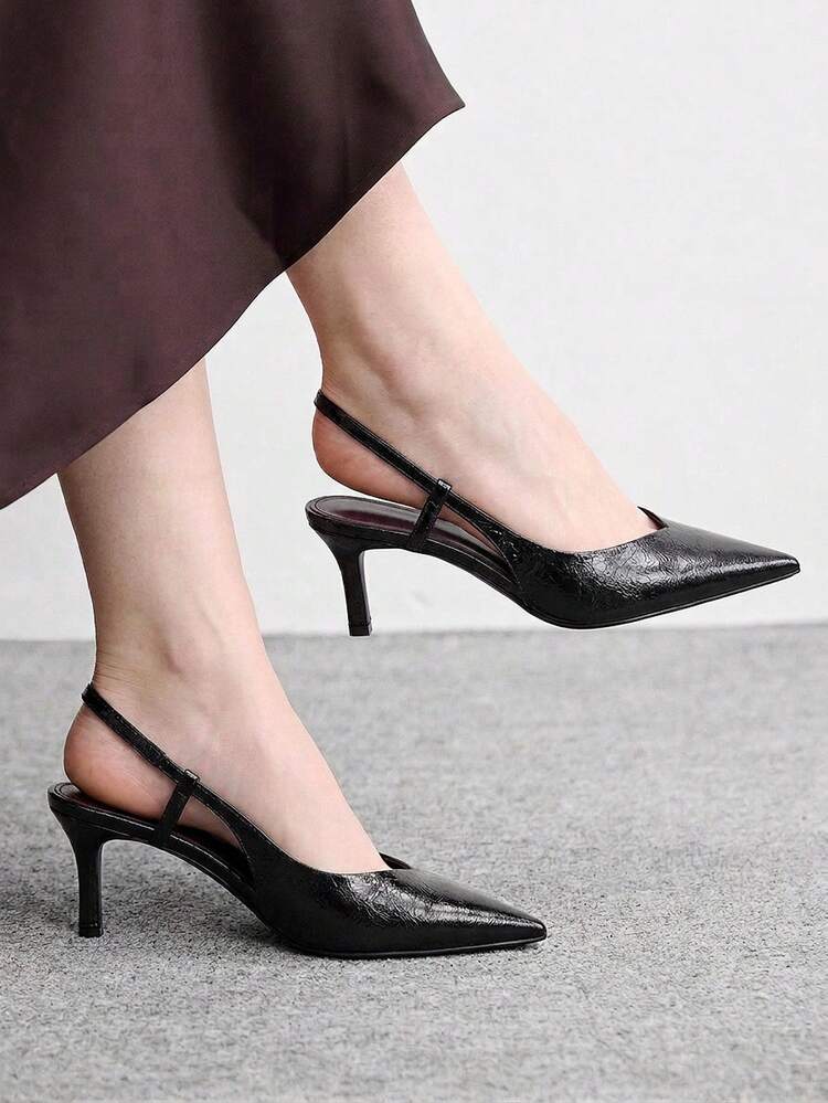 CUCCOO BIZCHIC Ladies Black Elegant Pointed Kitten Heel Sandals Back Empty Sandals Commuter Fashion Wear