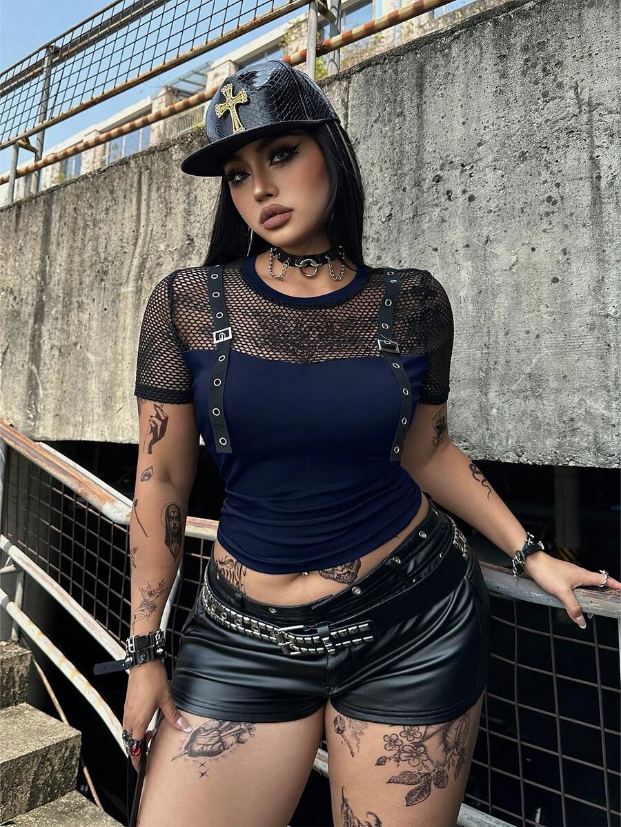 Whyspr Camiseta de manga corta con parches de ojetes de estilo punk talla grande, primavera/verano - Azul Marino - Ver 1
