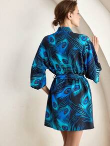 Ocili Áo choàng ngủ nữ kiểu Trung Quốc thanh lịch, mềm mại, in họa tiết lông công màu xanh dương, thoải mái, thích hợp mặc nhà. - Nhiều màu - Xem 7