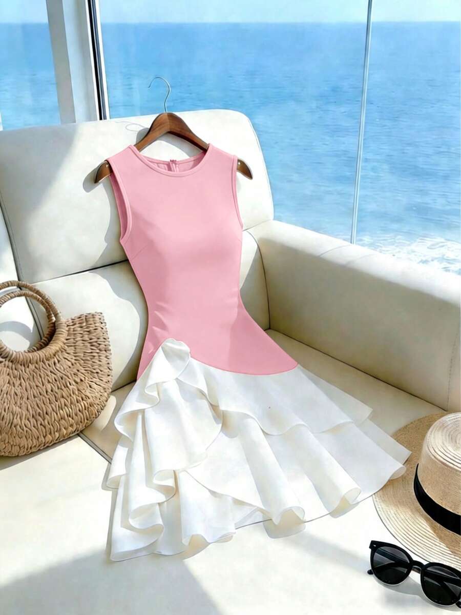 SHEIN LUNE 女士优雅撞色荷叶边无袖腰带度假连衣裙，夏季