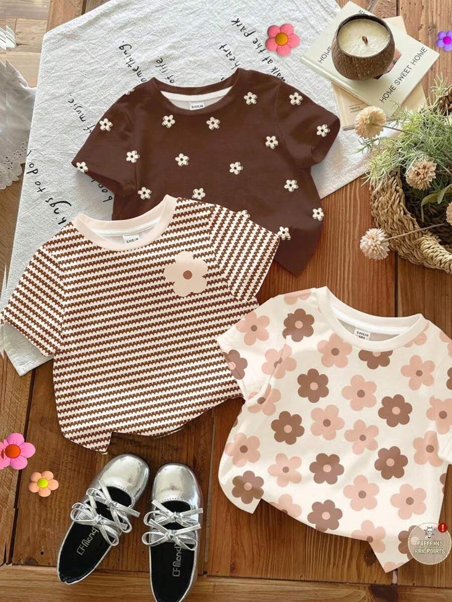 SHEIN 3 chiếc áo thun cổ tròn tay ngắn họa tiết hoa nâu, trắng kem, sọc nâu, thường ngày, phù hợp mặc hàng ngày, ở nhà, đi nghỉ, mặc nhiều lớp, thoải mái, phong cách, thường ngày, quần áo họa tiết hoa, thời trang thu đông, phong cách mới, thoải mái cho bé gái - Nhiều màu - Xem 1