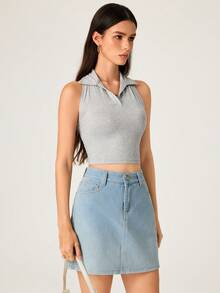 SHEIN BASICS Top halter corto sin espalda de color liso básico casual para mujer, verano - Gris - Ver 10