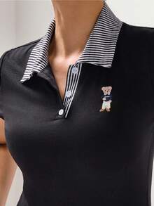 Briarwyn 女士条纹拼接 Polo 领卡通熊印花短袖休闲 T 恤 - 黑色 - 查看 1