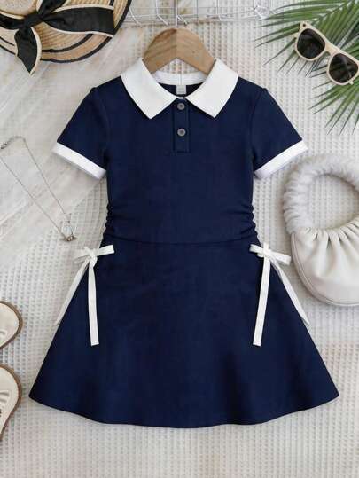 Vestido Infantil Elegante con Cuello Blanco y Moños Laterales | Vestido Casual Niña Manga Corta