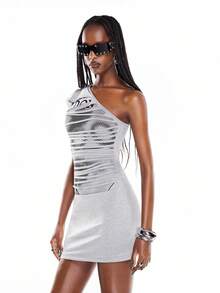 Airlisse Women's Letter Print Distressed Slim Fit Sleeveless Mini Dress Nightclub Club Night Dark Grey Summer Sexy Y2k 2000s - Grey - View 4