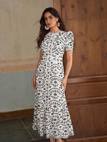 ZEYLAH Short Sleeve Vacation Embroidered Long Dress - Black - View 6