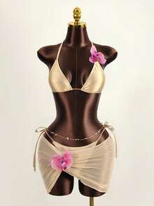 Swim SXY 25SS Shiny Sparkly Sexy Bikini 3 Pieces Set, Summer Beach Holiday Festival - Gold - View 7