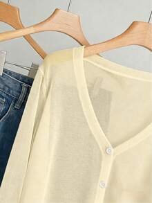 Calvaya Plus Size Casual Solid Color Cardigan Fall - Light Yellow - View 5