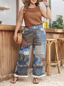 EMERY ROSE Plus Size Royal Blue Summer Boho 1950s Vintage 90s Vacation Jeans, Women's Elegant Casual Patchwork Wide Leg Denim, Distressed Printed Pants - Multicolor - View 6