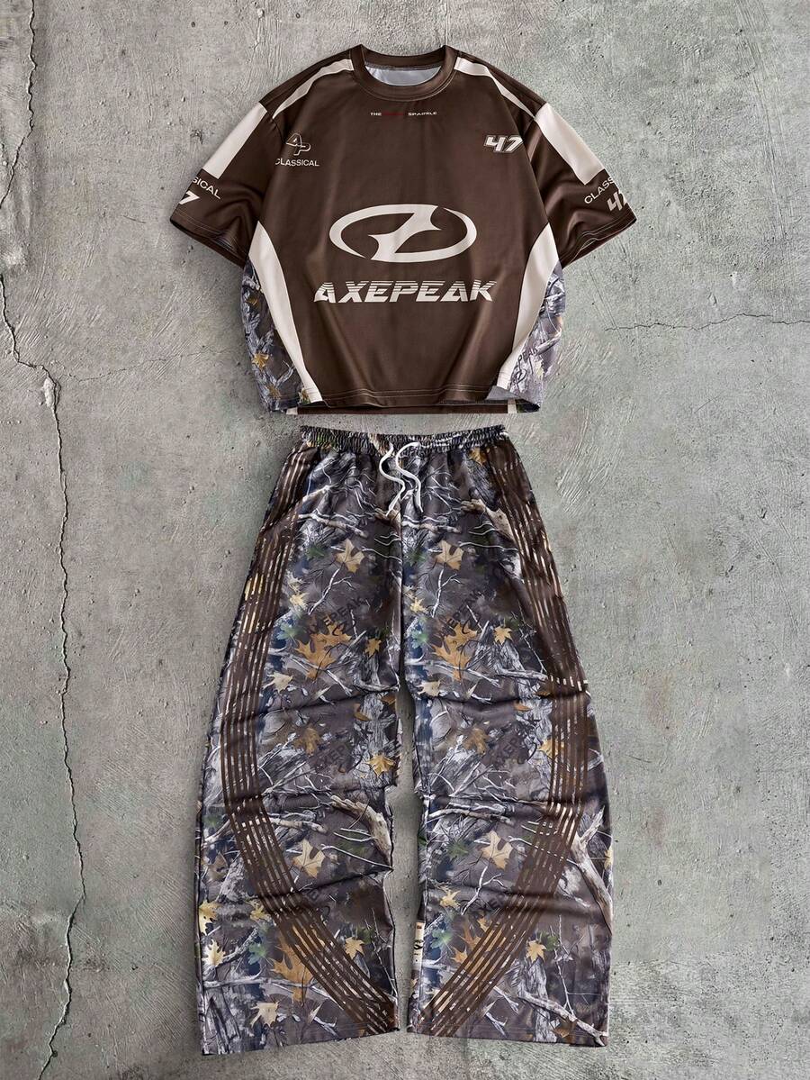 AXEPEAK 男士休闲时尚街头风T恤和印花长裤套装 - 彩色 - 查看 1
