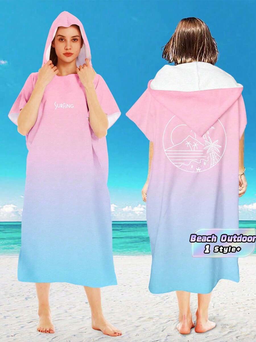 1PC Superfine Fiber Quick Dry Windproof Sunscreen Thermal Insulation Soft Absorbent Gradient Pink Hooded Cape Bath Towel Unisex Wearable Wrap Robe For Beach Outdoor Home Lightweight Portable Travel Essential Must Have - Multicolor - View 1