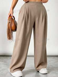 SHEIN VCAY Plus Size Women Casual Everyday Commute Simple Solid Color Slant Pocket Loose Wide Leg Pants - Mocha Brown - View 5