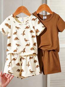 SHEIN Playful Pals 6pcs/Set Newborn Baby Boy Basic Round Neck Elastic Waist Cute Animal Print & Striped Short Sleeve T-Shirt And Shorts Set, Summer - Brown - View 5