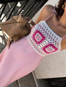 SHEIN Cottnline Women's Pink Crochet Regular Vacation Maxi Dress – Sleeveless Square Neck Summer Sundress, Colorblock Knitted Top, Cute Casual Beach Holiday Dress - Pink - View 2