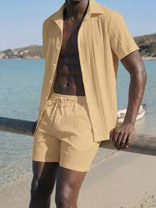 Palasendo Men's Solid Color Short Sleeve Single-Breasted Shirt And Drawstring Waist Shorts Beach Outfit - Khaki - View 6