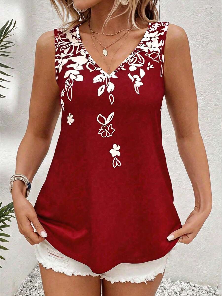 Breezaya Camiseta de tirantes con estampado floral para verano, camisetas gráficas para mujer - Rojo - Ver 1
