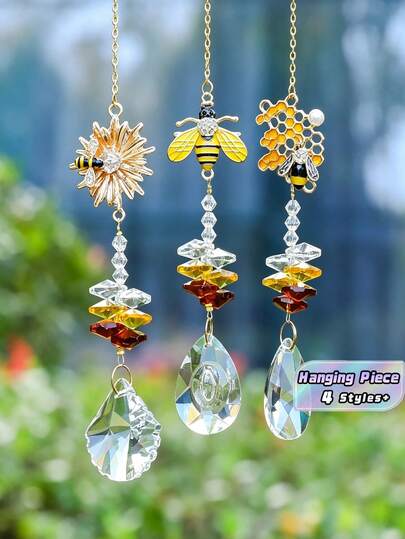 花朵、蜜蜂、蜂巢、水晶阳光捕捉器吊坠，节日花园装饰，跨境批发供应，白色水晶