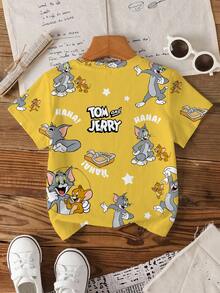 TOM & JERRY X SHEIN Camiseta de manga corta con cuello redondo con estampado de dibujos animados y letras para niños, verano - Blanco - Ver 2