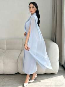 Modelyn Elegant Light Blue Sleeveless Midi Blazer Dress, Plain Woven Fabric With Cape Detail, Business Casual For Summer Office Daily Wear - Blue - View 4