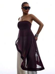 SHEIN EZwear Plus Size Women Summer Elegant 70's Solid Color Sheer Patchwork Asymmetric Hem Tube Top Party Dark Purple - Burgundy - View 5