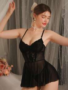 DelicateAllure 4 件套蕾丝撞色网眼性感女士睡衣 - 黑色 - 查看 5