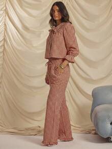 Aralina Sleepwear 2pcs Plain Print Red Gingham Collared Tie Front Long Sleeve Button Down Shirt And Wide Leg Pant Sleep Set With Ruffle Detail , Cute Christmas Pajama Set - Red - View 9