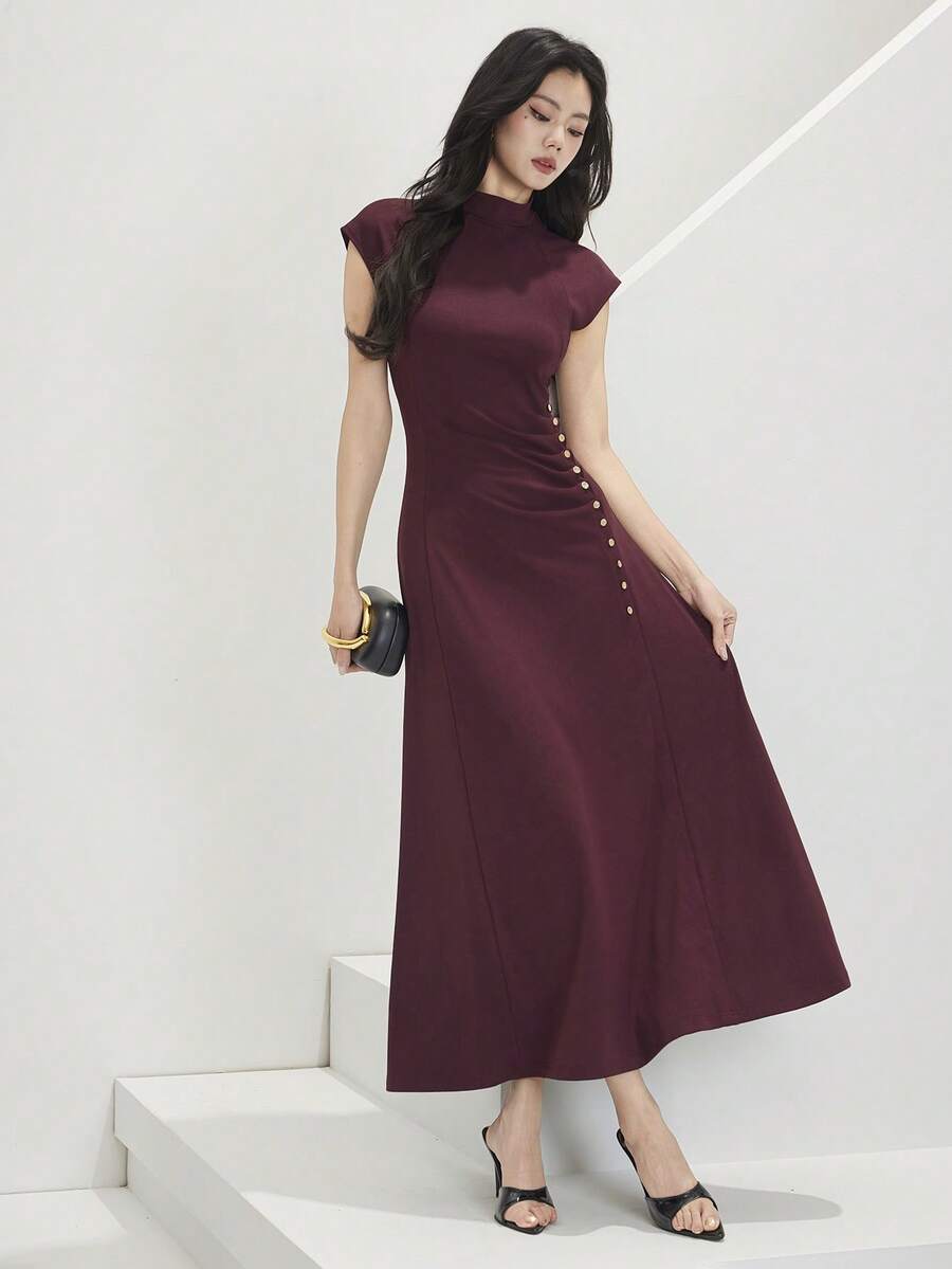 Heiryn Women's Pastal Mock Neck Maxi Dress - Summer, Buttons, Wedding Dinner Date Office, Teachers' Day, Elegant Button Decor Ruched Waist, Red Wine