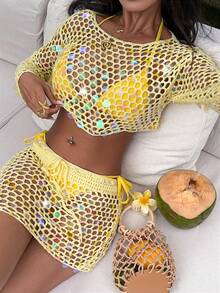 Women's Knitted Mesh Hollow Cover Up & Skirt Set, Cream Yellow, Suitable For Vacation, Date, Beach, Sheer Sweater Dress - Yellow - View 4