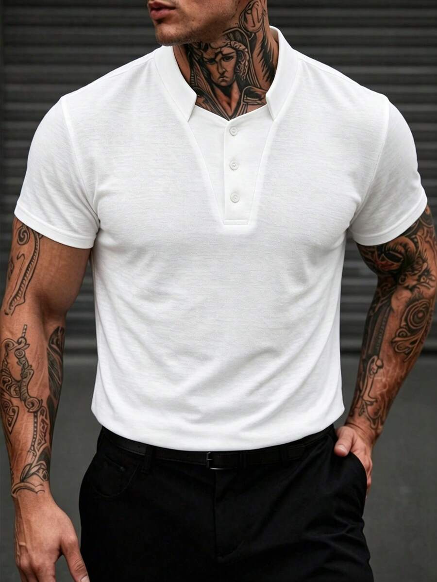 Manfinity Homme 男士纯色短袖休闲通勤 Polo 衫 - 白色 - 查看 1