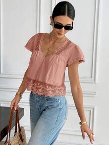 Serisse Women's Solid Color Contrast Lace Tie Back Loose Blouse,Summer Top - Pink - View 5