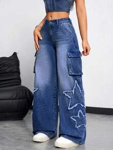 SHEIN ICON Damskie jeansy z szerokimi nogawkami i kieszeniami - Ciemny jeans - Zobacz 3