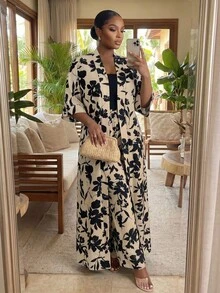 SHEIN Lady CURVE Bộ áo choàng và quần dài in hoa dành cho nữ cỡ lớn, kiểu dáng thường ngày, gồm 2 món. - Nhiều màu - Xem 1