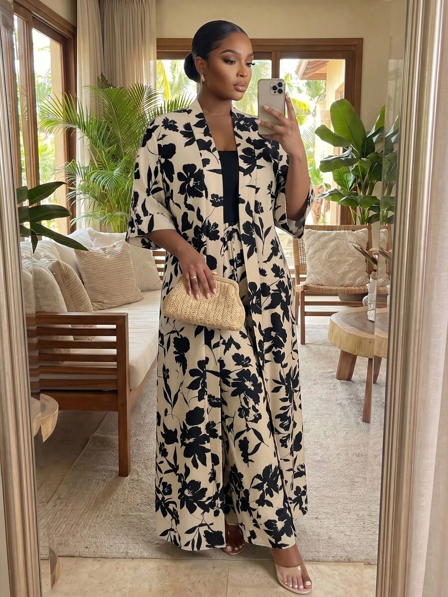 SHEIN Lady CURVE Bộ áo choàng và quần dài in hoa dành cho nữ cỡ lớn, kiểu dáng thường ngày, gồm 2 món. - Nhiều màu - Xem 1