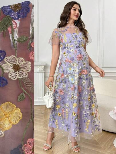 SHEIN Vestido de maternidad con bordado floral, de moda para vacaciones y viajes