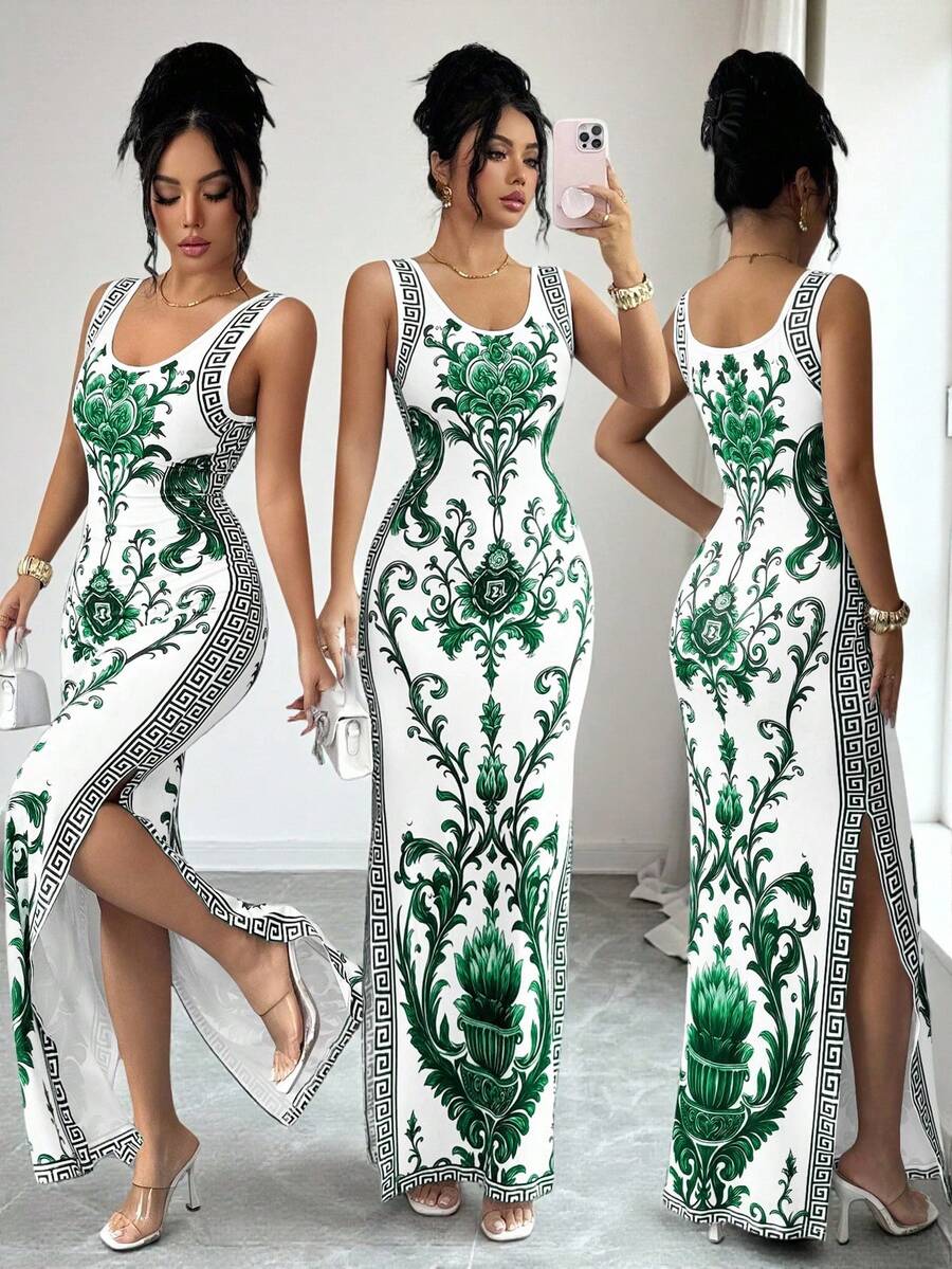 SHEIN Elenzya Áo choàng kiểu Trung Đông UAE sang trọng, xẻ tà, in họa tiết Chinoiserie tinh tế, ôm sát, nhiều màu sắc, không tay, dáng suông, thắt eo, xẻ tà. - Nhiều màu - Xem 1
