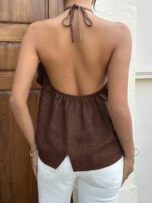 Siren Gaze Women's Solid Color Ruffle Hem Halter Neck Top,Summer Top - Brown - View 2