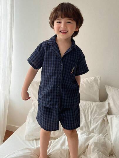 Hapijoa Kids' Fall Clothing Set: Toddler Boys Embroidered Plaid Short Sleeve T-Shirt And Shorts, Summer Pajamas