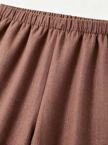 SHEIN RusticEase Pantalones casuales anchos de cintura con lazo de unicolor, pantalones de trabajo para mujeres, pantalones marrones, pantalones de verano para mujeres - Óxido marrón - Ver 4