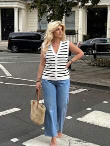 Dripcurv Plus Size Women Striped Single-Breasted Casual Knitted Vest In Fall/Winter - Multicolor - View 4