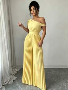 Modelyn Jumpsuit Bahu Berlipit Mutiara Biru untuk Wanita - Kuning - View 5